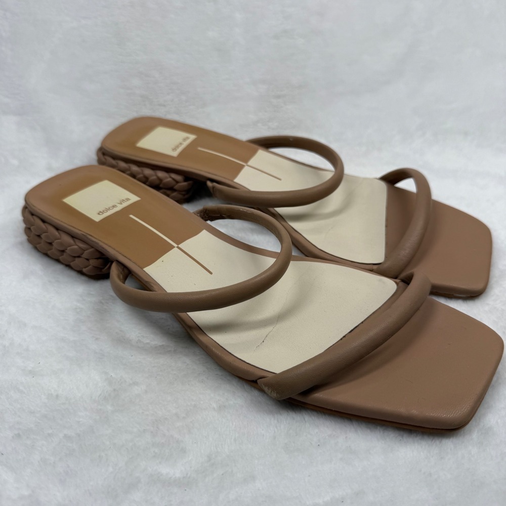 Dolce Vita Paily Cafe Tan Braided Block Heel Square Toe Slide Sandals Est 11